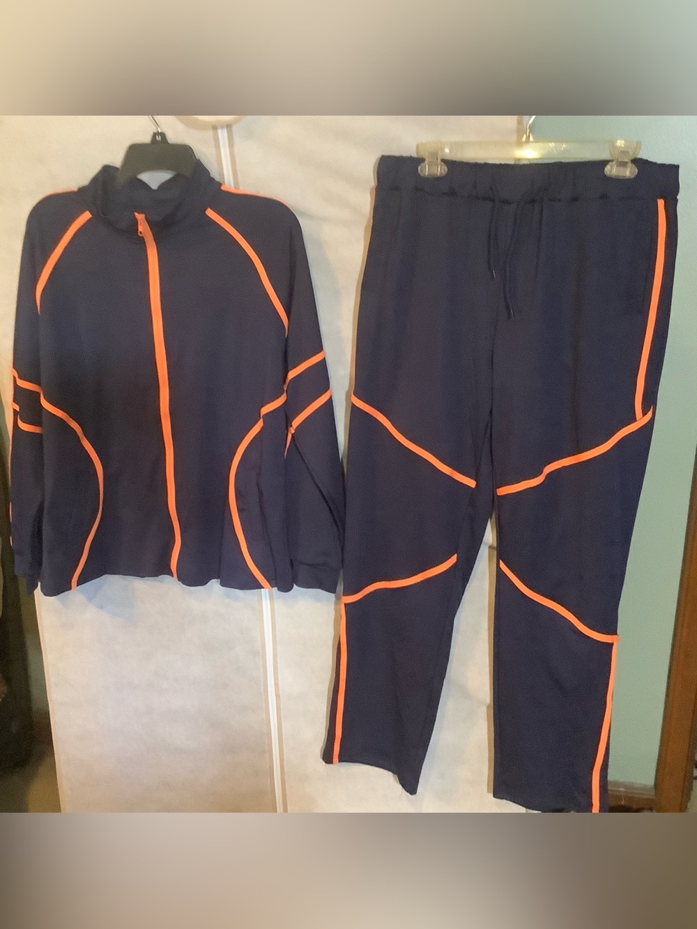 Women's Navy Track Pants & Jacket Set with Orange Piping
